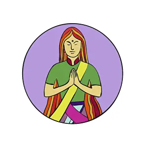 Mono line illustration of a young Indian woman pressing hands together with a smile to greet Namaste