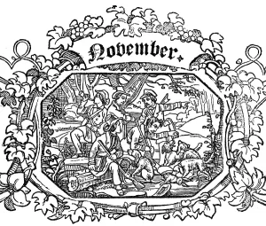 Month of November, Hunters blow for the hunt, Guns, Hunting dogs, Forest, Inscription, Grapevine ornamentation, Woodcut illustration, Swiss calendar for 1848