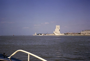 Monument of the Discoveries, Padrao dos Descobrimentos, view from boat on River Tagus, Lisbon, Portugal, Europe 1965, Europe