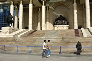 Monument to Genghis Khan beside the parliament buildings on Sukhbaatar Square