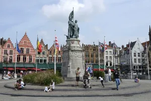 Monument by Jan Breydel and Pieter Deconinck, statue in the market square of Bruges, West Flanders, Belgium, Europe
