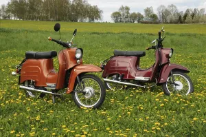 Mopeds Schwalbe from the GDR in a meadow