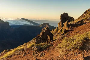 Morning atmosphere at Mirador de Los Andenes with lava rock wall La Pared de Roberto
