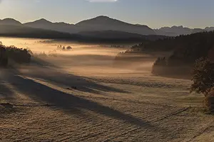 Morning fog in front of mountains