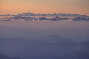 Morning haze and fog over mountain ranges