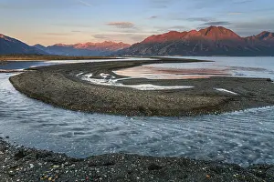 Morning light, lake, riverbed, mountains