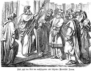 Moses shows the people the sprouting and blossoming almond staff of Aaron