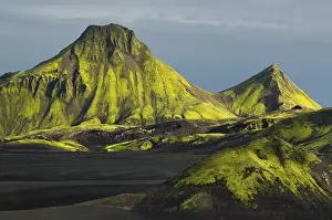 Moss-covered mountains, landscape surrounding Lake Langisjor