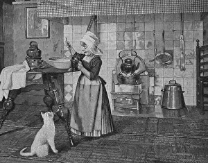 Mother cat, girl standing in the kitchen with a cup of milk