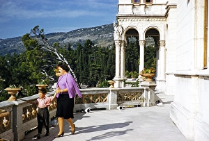 Mother and son on the balcony of Miramare Castle, Trieste, Italy 1959