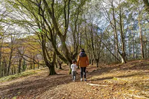 Mother and son enjoying a peaceful walk together through a mixed autumn forest