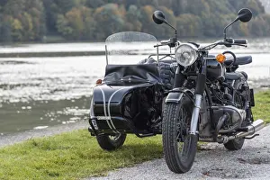 Category Oldtimer Prints: Motorbike with sidecar parked on an idyllic side road - sidecar bike