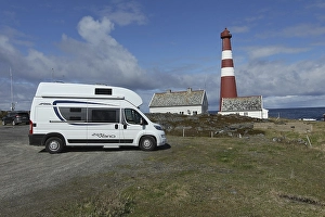 Category Scandinavia Prints: Motorhome in front of Gamvik lighthouse