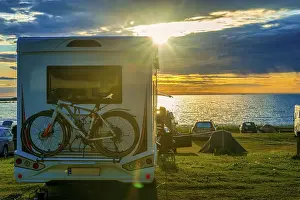 Category Scandinavia Prints: Motorhome, standing, meadow, Atlantic Ocean