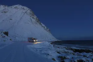 Motorhome in winter on pitch, Storsandnes Beach