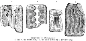 Moulds for working with bronze, moulds for rings and saws, Bronze Age c. 2000 to 800 BC, jewellery, archaeology, anthropology, history of mankind, Central Europe, Germany, historical illustration 1880, Europe