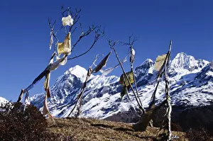 Mount Pandim visible believed prayer flags at Deorali Dzongri