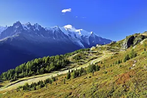 Framed Print : Mountain forest in an autumnal landscape with the snow-covered Mont Blanc massif in the background