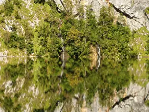 Mountain forest, small waterfall and rock walls are reflected in Obersee