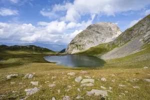 Mountain hut Obstanserseehutte at the mountain lake Obstansersee