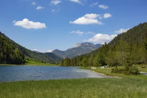 Mountain lake, hiking trail around the lake