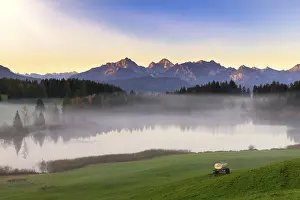 Category Mountain Landscapes Prints: Mountain landscape with lake in the morning mist