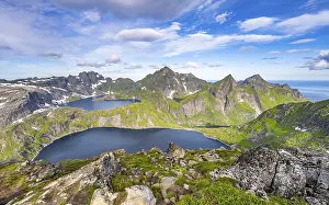 Mountain landscape with steep rocky peaks and lake Tennesvatnet and Krokvatnet