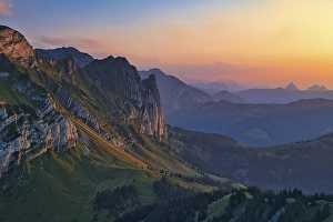 Mountain landscape at sunset, view of Glarnerland and Central Switzerland