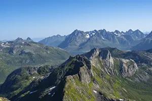 Mountain landscape, view of mountain peaks at the summit of Rundfjellet