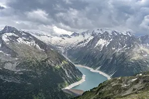Mountain landscape, view of Schlegeis reservoir with dam wall