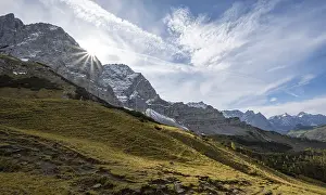 Mountain landscape with yellow meadows in autumn