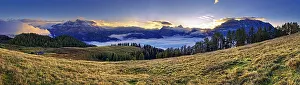 Mountain panorama Berchtesgarden Alps with Watzmann east face and Steinernes Meer at sunset