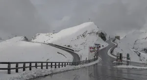 Mountain panorama, snowy, mountain road