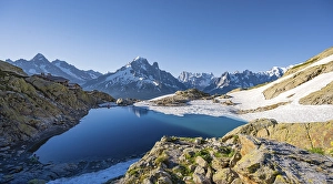 Category Mountain Landscapes Prints: Mountain panorama with water reflection in Lac Blanc