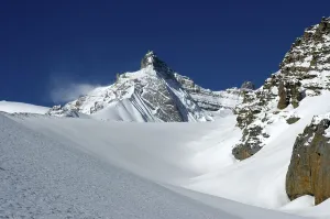Mountain peak in deeply snowed in high mountains Thorung La Pass Annapurna Region Nepal