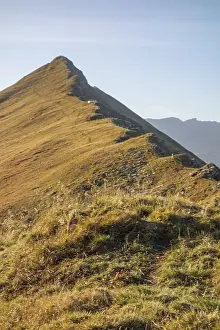 Mountain peaks and ridges under a clear sky with golden meadows in the foreground