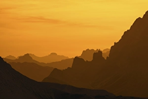 Category Mountain Landscapes Prints: Mountain ranges at sunset in the Sexten Dolomites