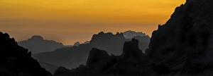 Category Mountain Landscapes Prints: Mountain ranges at sunset in the Sexten Dolomites