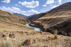 Mountain valley with river between golden meadows
