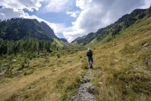 Mountaineer on a hiking trail, mountain landscape with green meadows