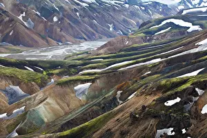 Mountains and hills with blotches of snow in Landmannalaugar