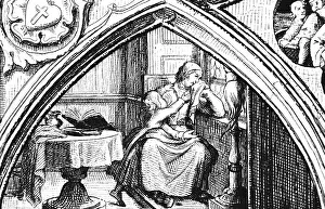 Mourning woman, room, window, table