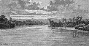 Mouth of the Jordan into the Dead Sea, border river, salinisation, high salt content, forest, mountains, travelling in Asia, historical illustration 1887