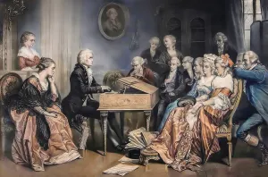 Mozart at the harpsichord, Wolfgang Amadeus Mozart, 1756 - 1791, composer of classical music, First Viennese Schoolm digitally edited after a painting by Hamman
