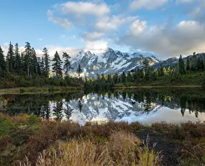 Mt. Shuksan glacier with snow reflecting in Picture Lake