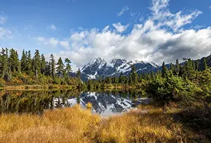 Mt. Shuksan glacier with snow reflecting in Picture Lake