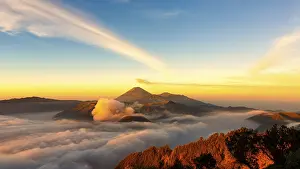 Framed Print : Mt.Bromo, Mt.Semeru, Mt.Batok covered with fog and sulfur gas