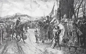 Muhammad XII. Boabdil, surrenders Granada to King Ferdinand the Catholic on 2 January 1492