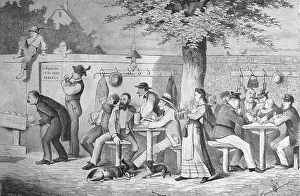 Munich beer garden, Germany, historical illustration