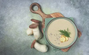 Mushroom cream soup, with dill and bruschetta